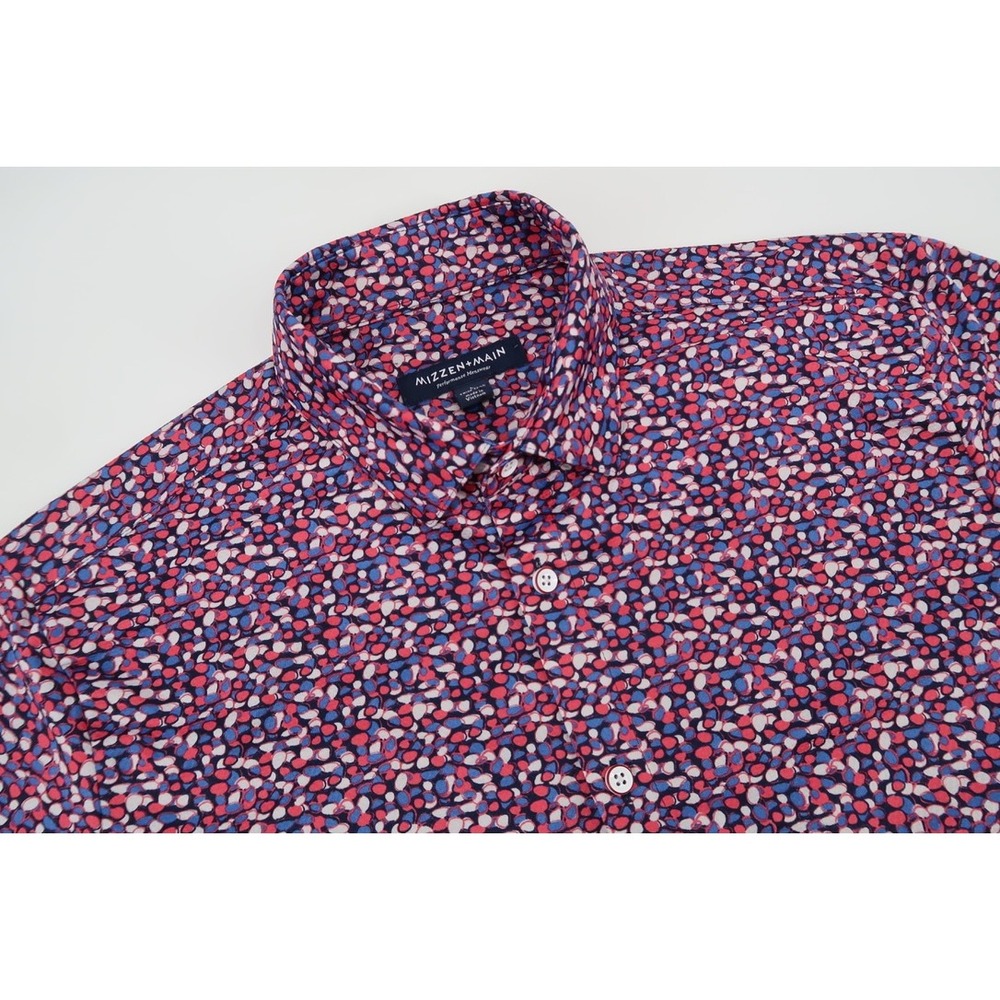 Mizzen+Main Performance Button Front Mens Large Trim Tall Pink Blue Abstract
